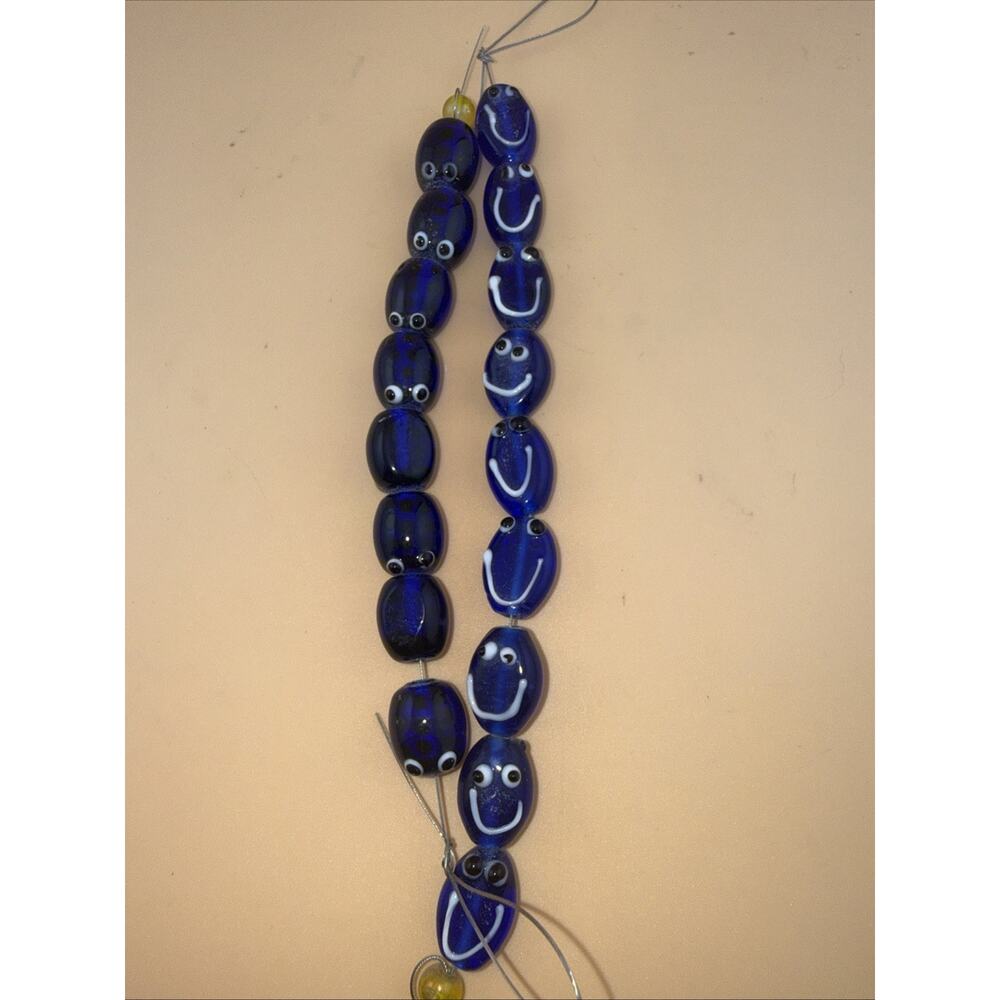 Vintage Large Czech Glass Faces Beads 1/2" Blue Sea Glass Style Lampwork Lot